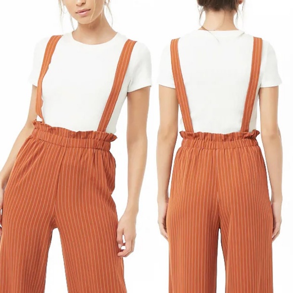 Rust Pinstriped Suspender Wide Leg Paperbag Pants - Picture 5 of 7